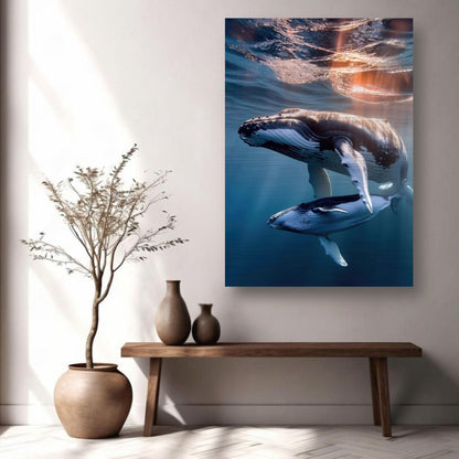 Underwater photography of a mother humpback whale and calf, vibrant ocean scene in brushed metal print.