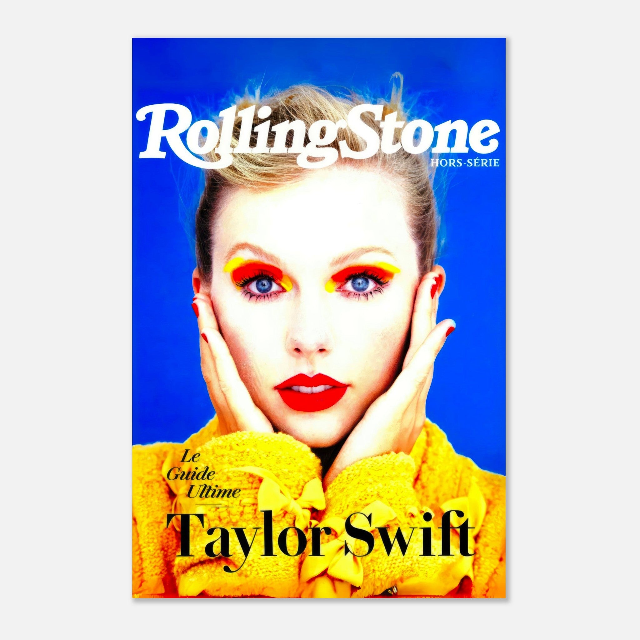 Taylor Swift Rolling Stone magazine cover metal print featuring vibrant colors and striking makeup details.