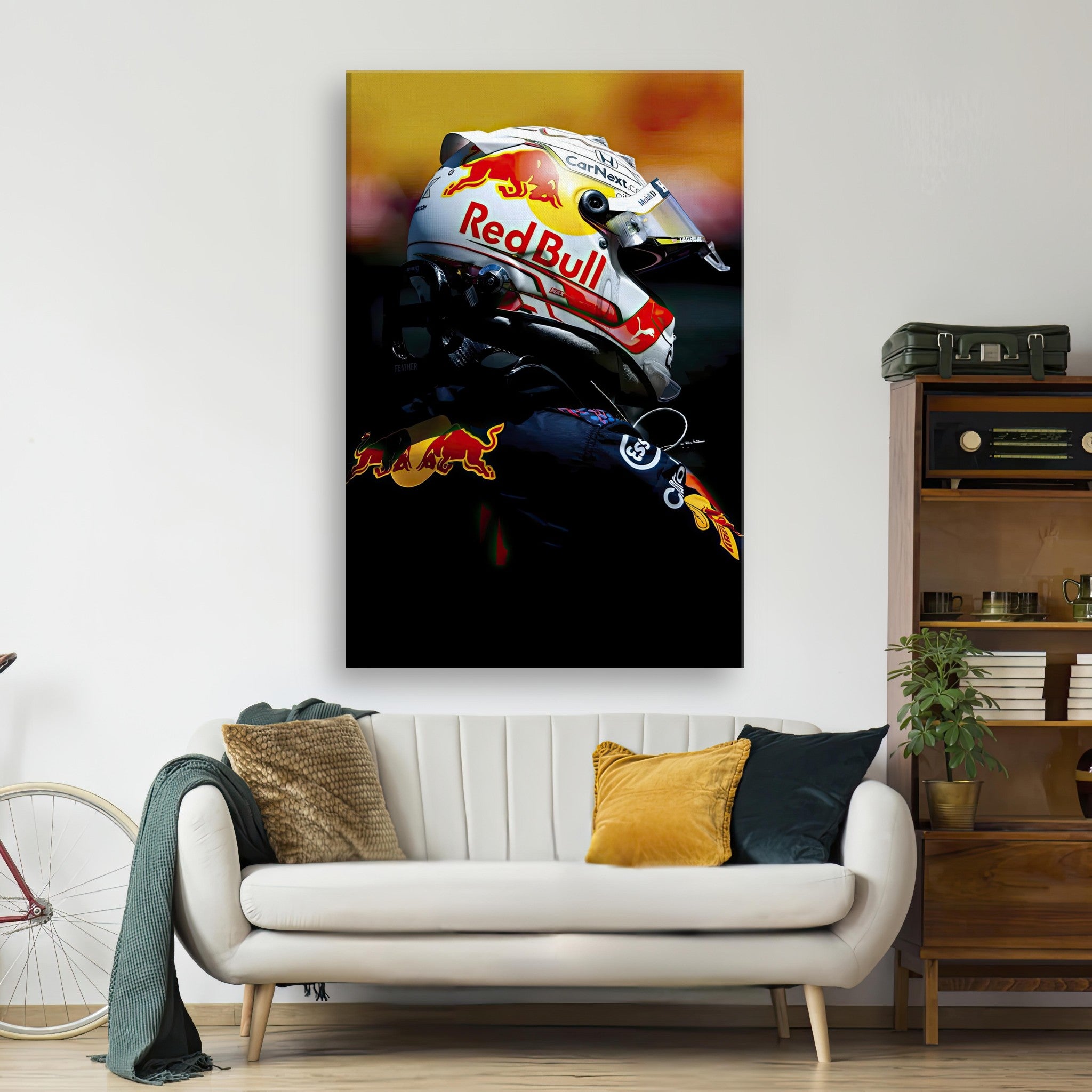 Max Verstappen canvas print in Red Bull Racing gear, vibrant decor for Formula 1 fans, showcasing dynamic racing energy.