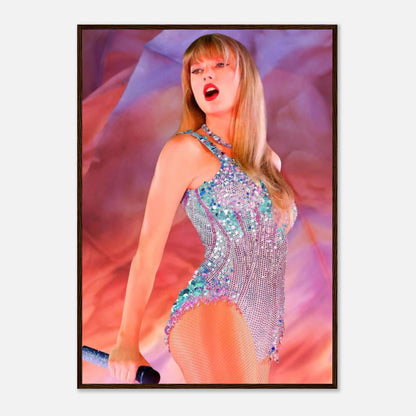 Taylor Swift performing in a sparkling outfit during The Eras Tour, framed art print for home décor.