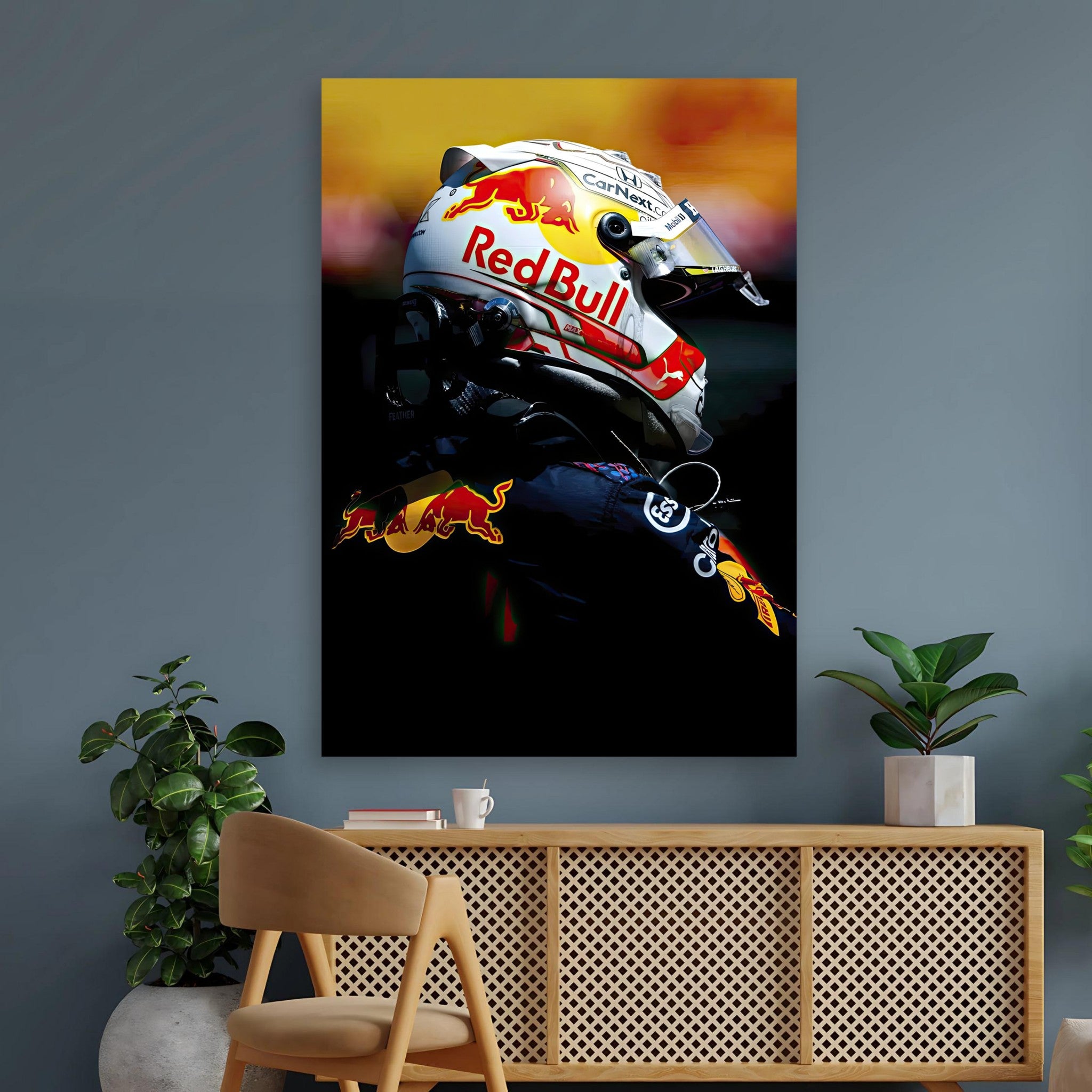 Max Verstappen Red Bull Racing poster displayed in a stylish room, showcasing vibrant colors and F1 spirit.