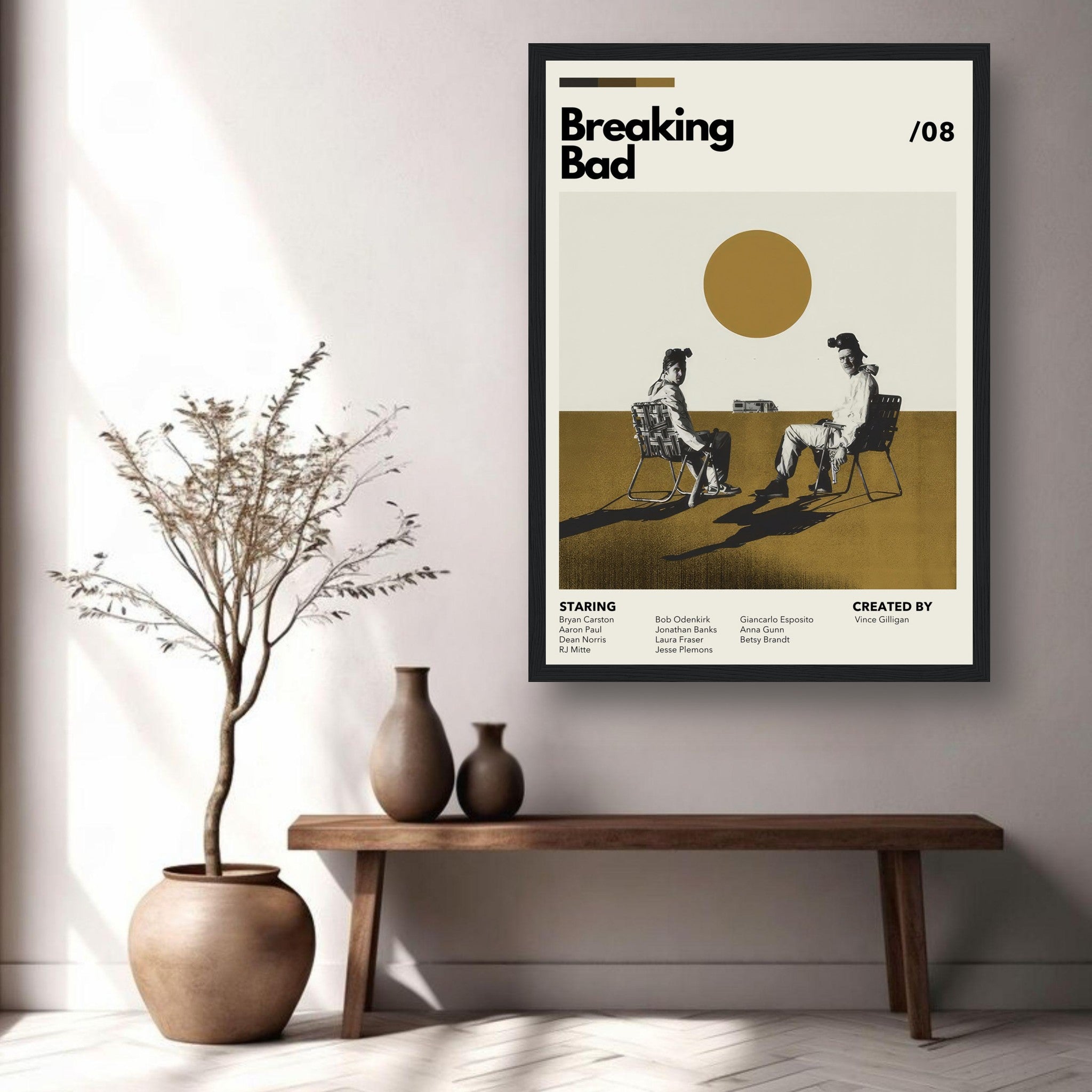 Vintage Breaking Bad framed print featuring Walter White and Jesse Pinkman in earthy tones and a sun motif.