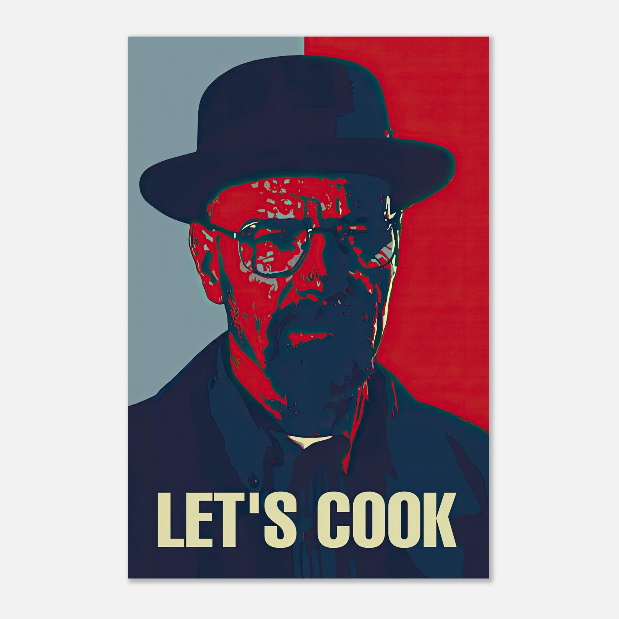 Heisenberg Let's Cook metal poster featuring a pop art design of a character in vibrant colors and premium quality finish.