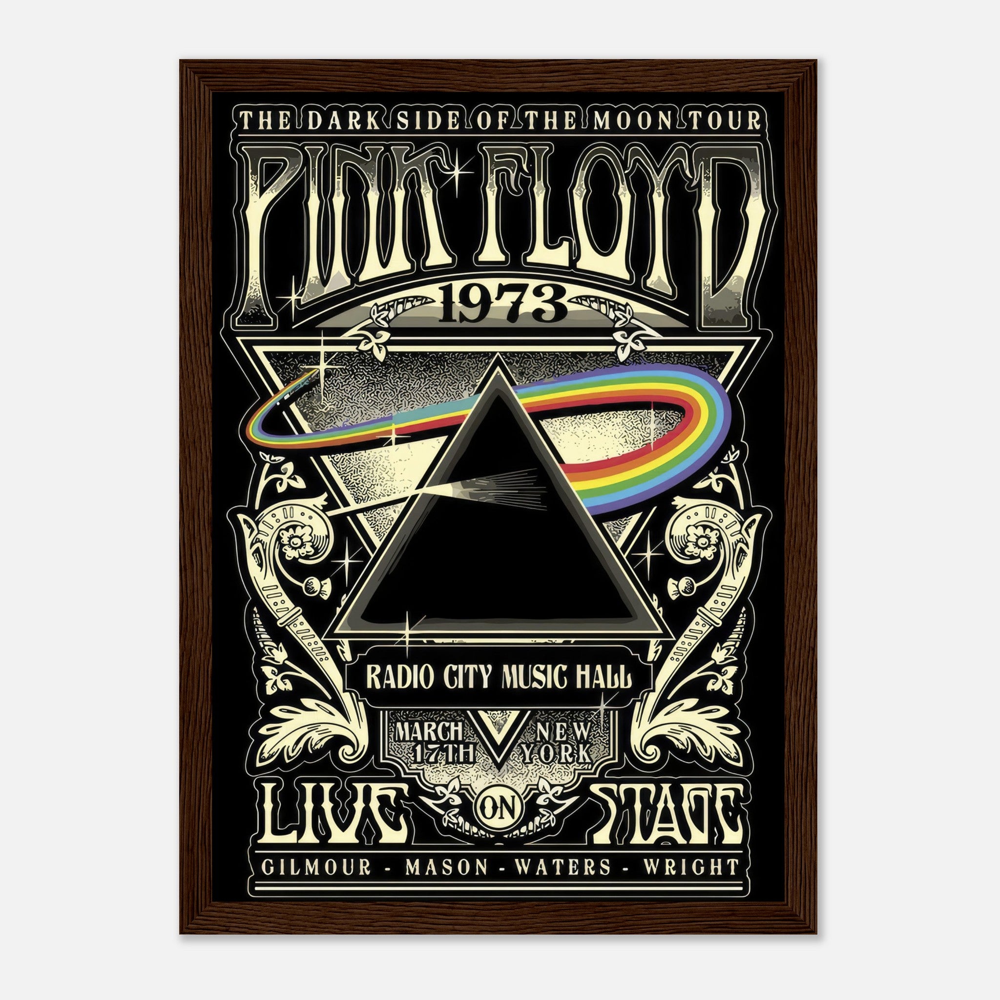 Pink Floyd 1973 Dark Side of the Moon tour poster framed print with prism graphic and concert details.