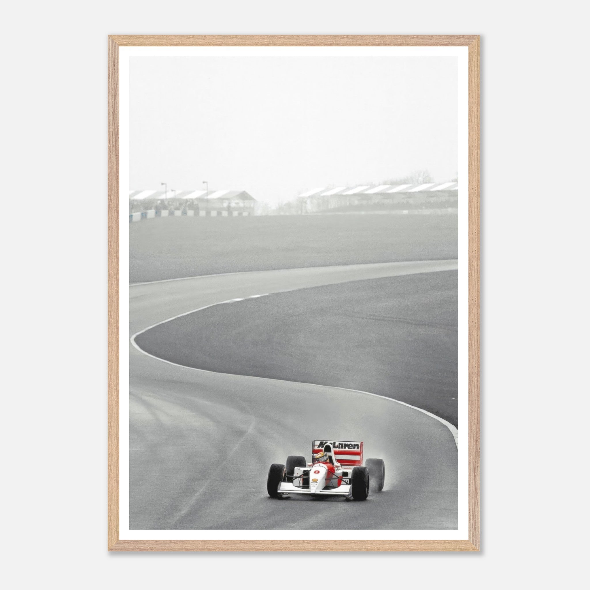 1988 Ayrton Senna driving McLaren MP4/4 on track, framed Giclée fine art photography capturing Formula 1 speed.