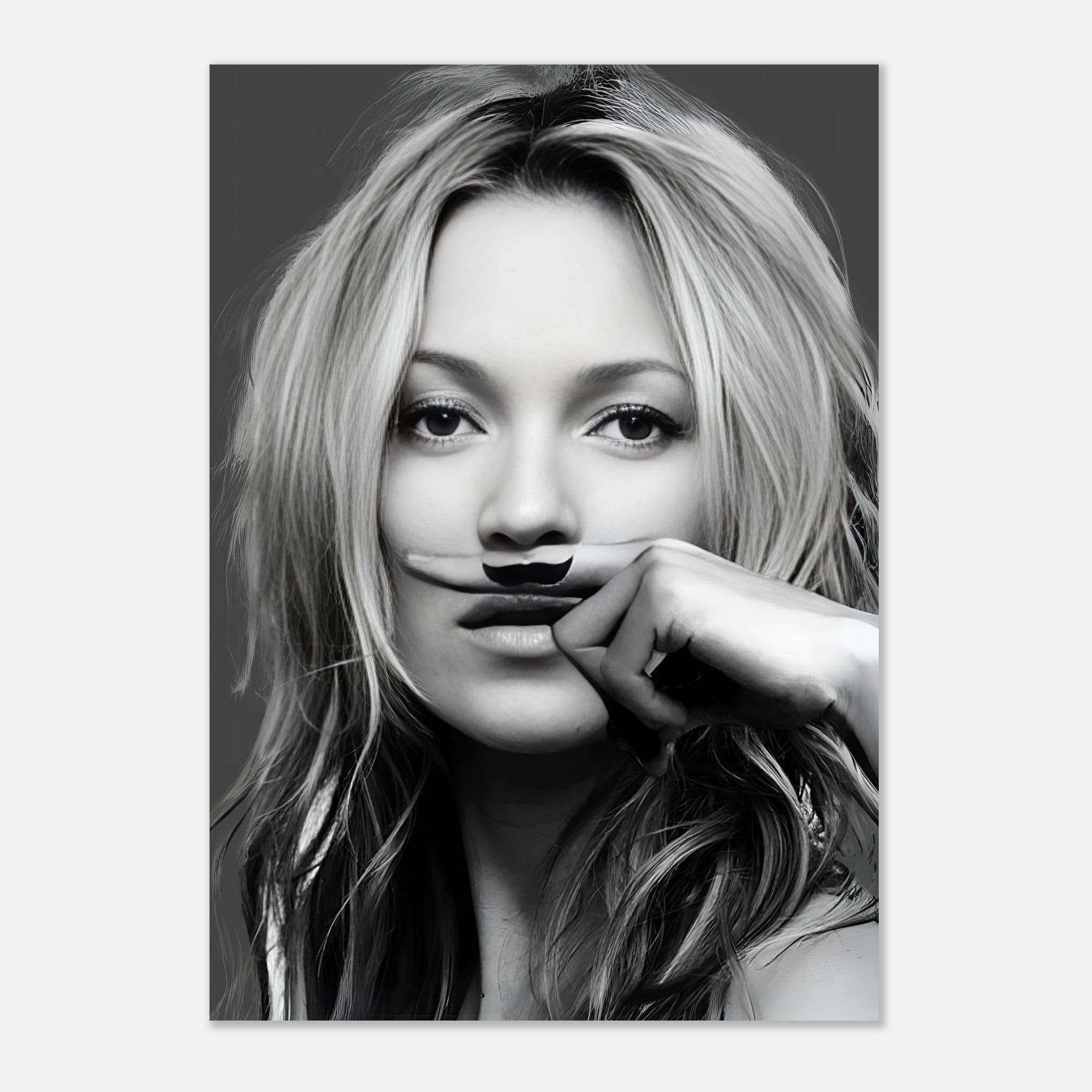 Kate Moss Mustache metal print featuring a striking monochrome image of a woman playfully holding a mustache.