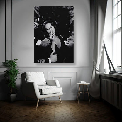 Lana Del Rey Smoking Metal Print showcases striking black-and-white artwork in stylish interior decor.