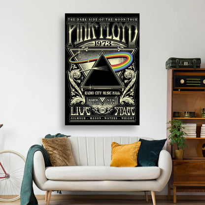 Pink Floyd - The Dark Side of the Moon tour canvas featuring prism and rainbow design in a stylish living room setting.