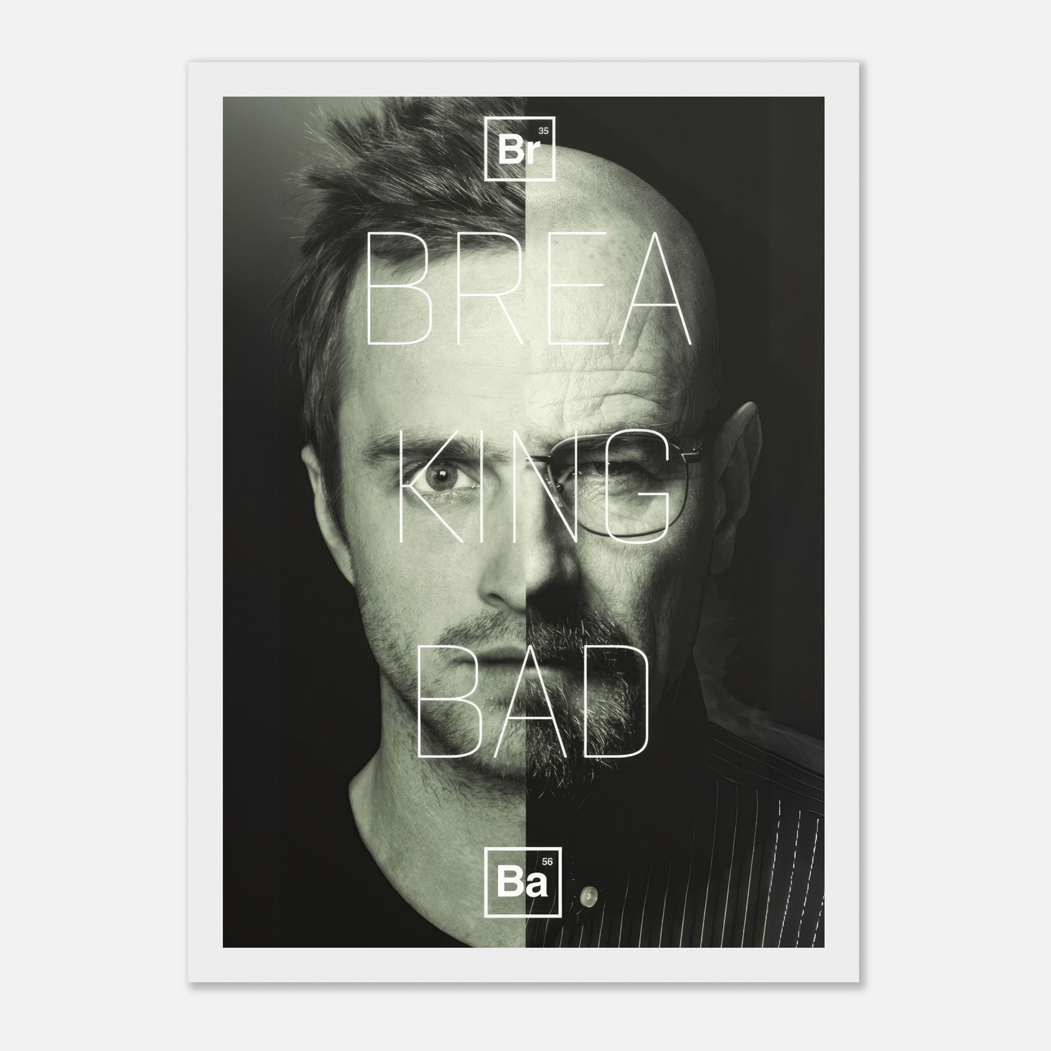 Jesse and Walter Breaking Bad framed print featuring bold split-face design, perfect for fans and collectors.