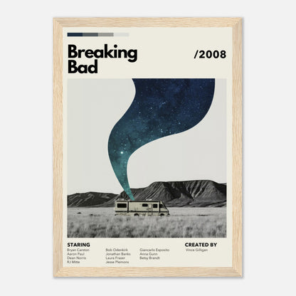 Framed print of Breaking Bad featuring the iconic RV and a swirling galaxy over a desert landscape.