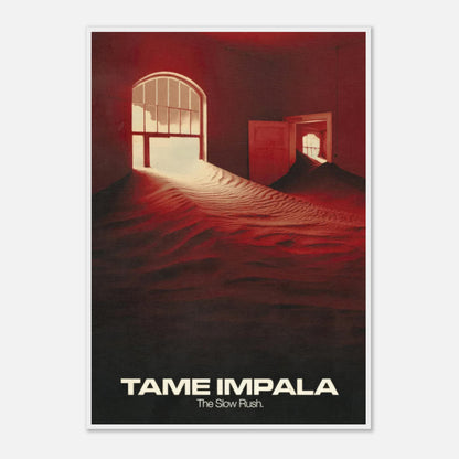 Framed print of Tame Impala's "The Slow Rush," featuring surreal artwork with rich red and golden tones.