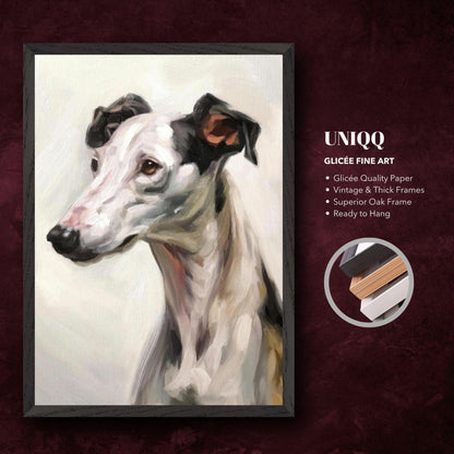 Greyhound dog fine art painting in vintage frame, showcasing elegant design and detailed brushwork.
