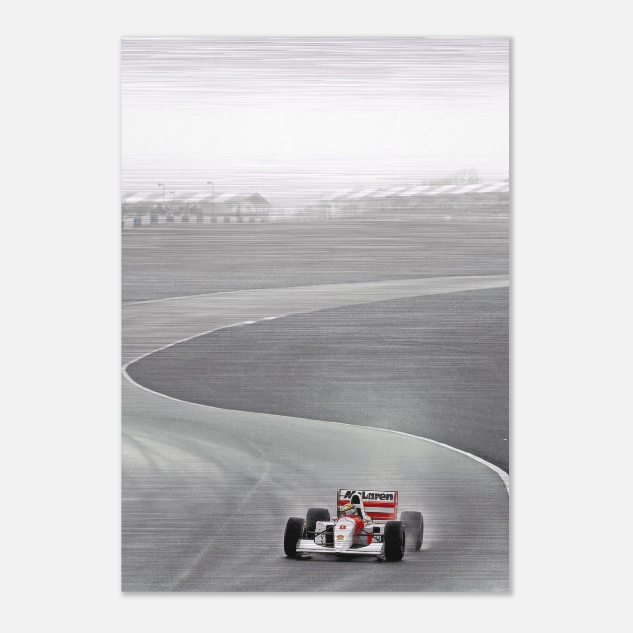 Ayrton Senna racing in a McLaren on track, captured in stunning brushed metal photography from 1988.