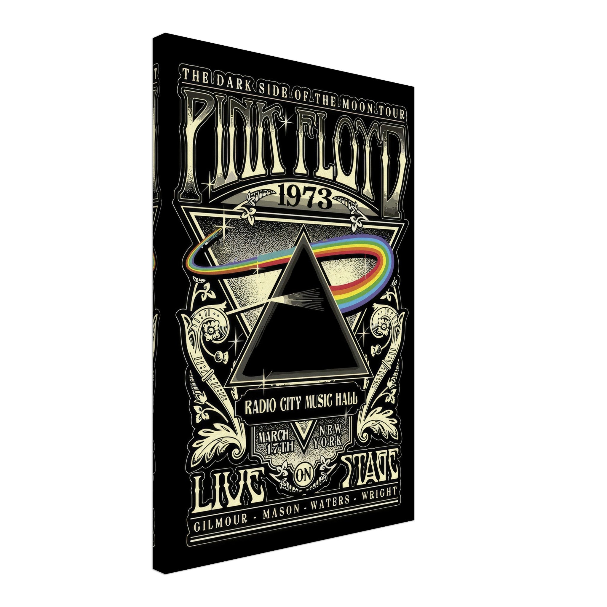 Pink Floyd The Dark Side of the Moon canvas artwork featuring a prism and rainbow, celebrating the 1973 Radio City performance.