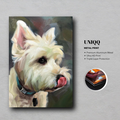 Westie dog painting metal print showcasing a detailed portrait of a West Highland White Terrier with expressive features.