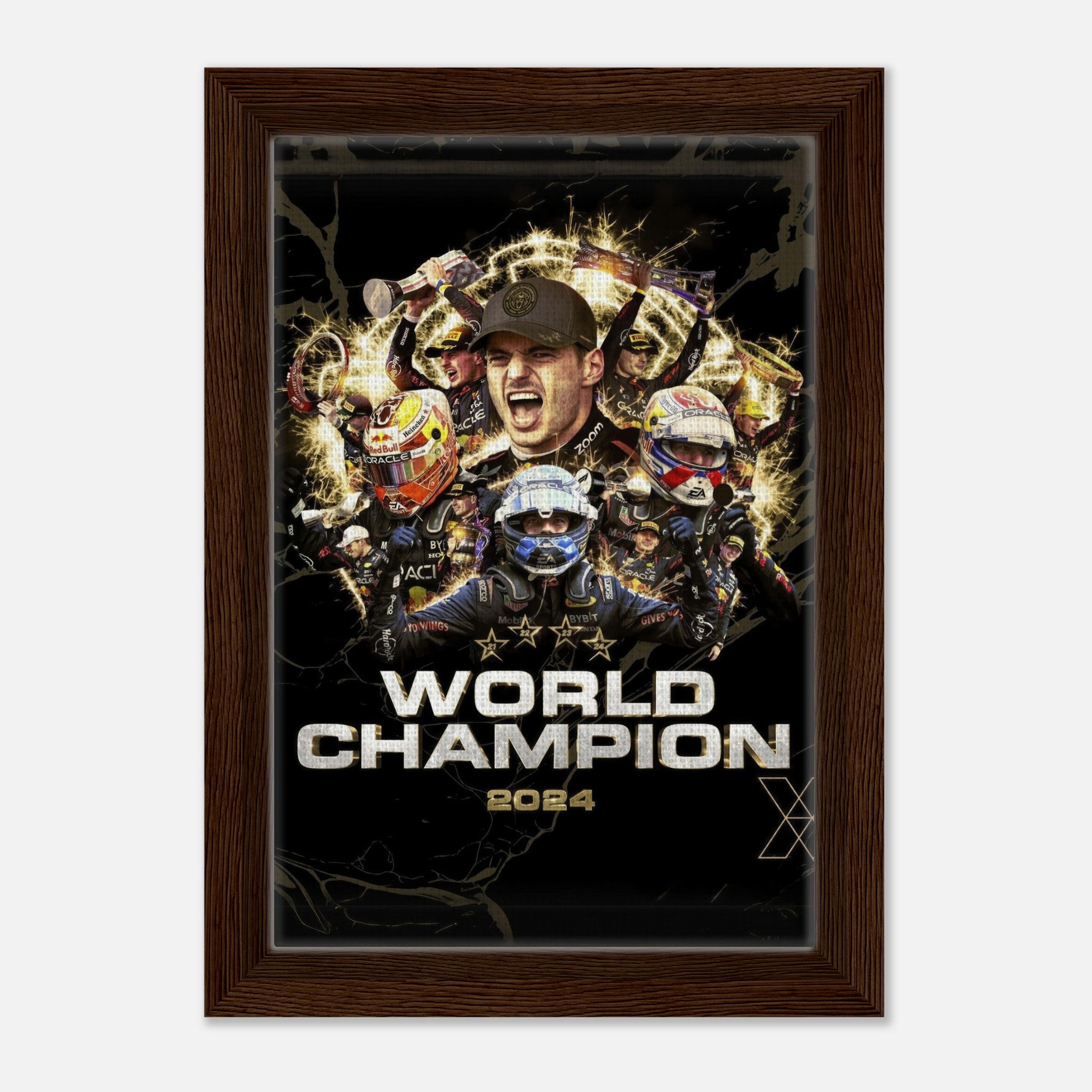 Framed canvas print honoring Max Verstappen, 2024 F1 World Champion, featuring a dynamic collage of iconic racing moments.