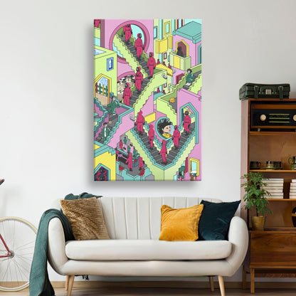 Squid Game Stairs canvas artwork featuring vibrant colors and intricate details, perfect for modern decor.