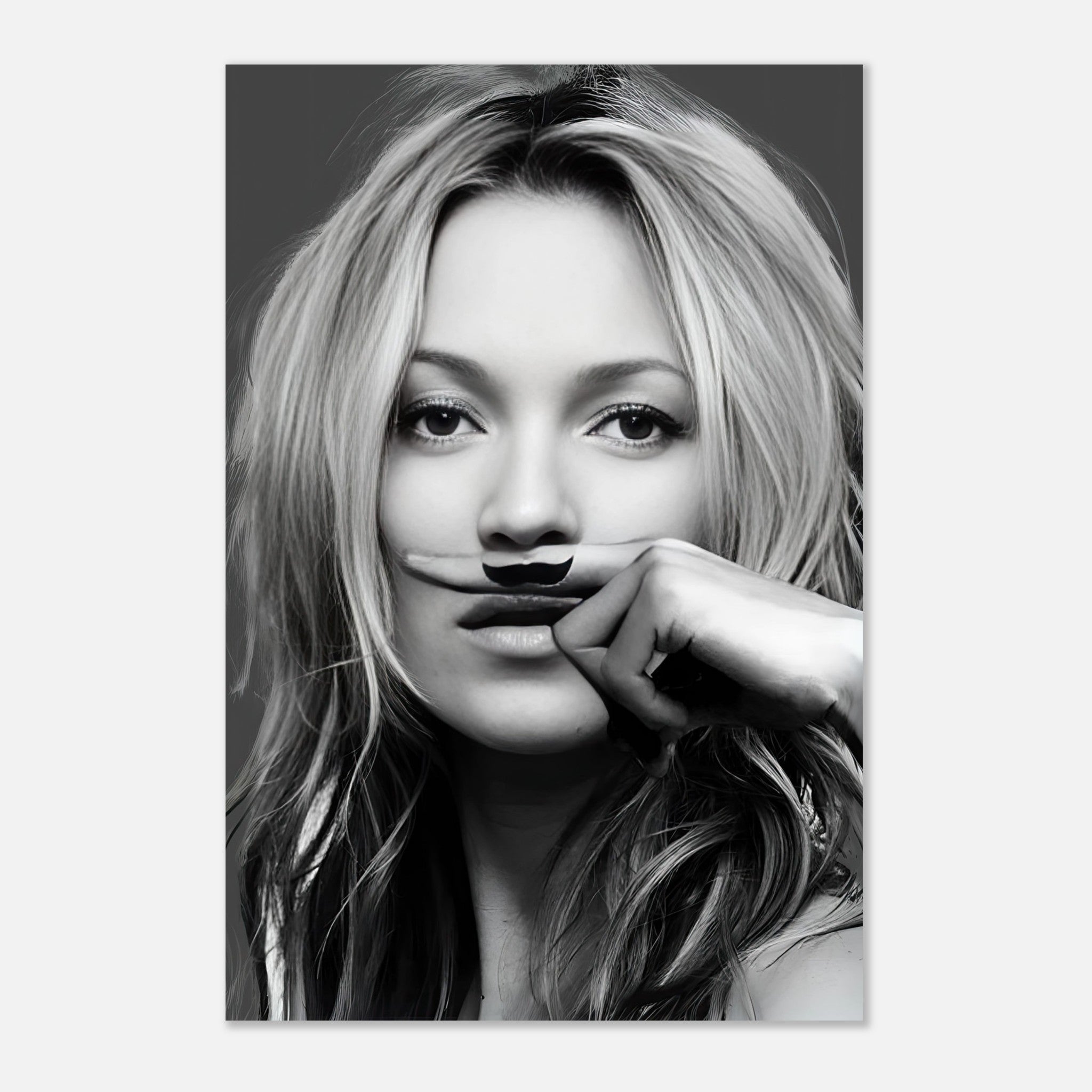 Kate Moss Mustache metal print featuring a playful monochrome portrait with a unique mustache detail.