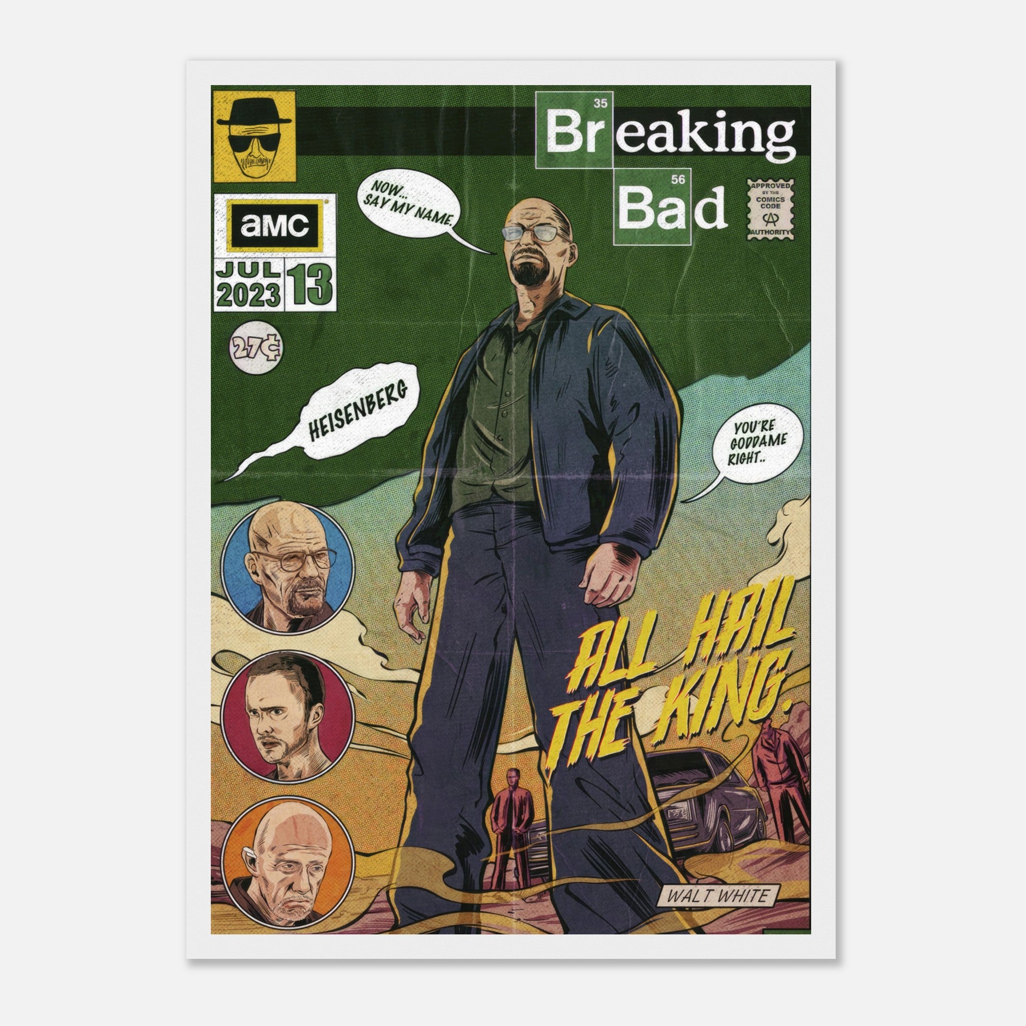 Heisenberg framed print featuring Walter White in retro comic style with "All Hail the King" text, perfect for Breaking Bad fans.