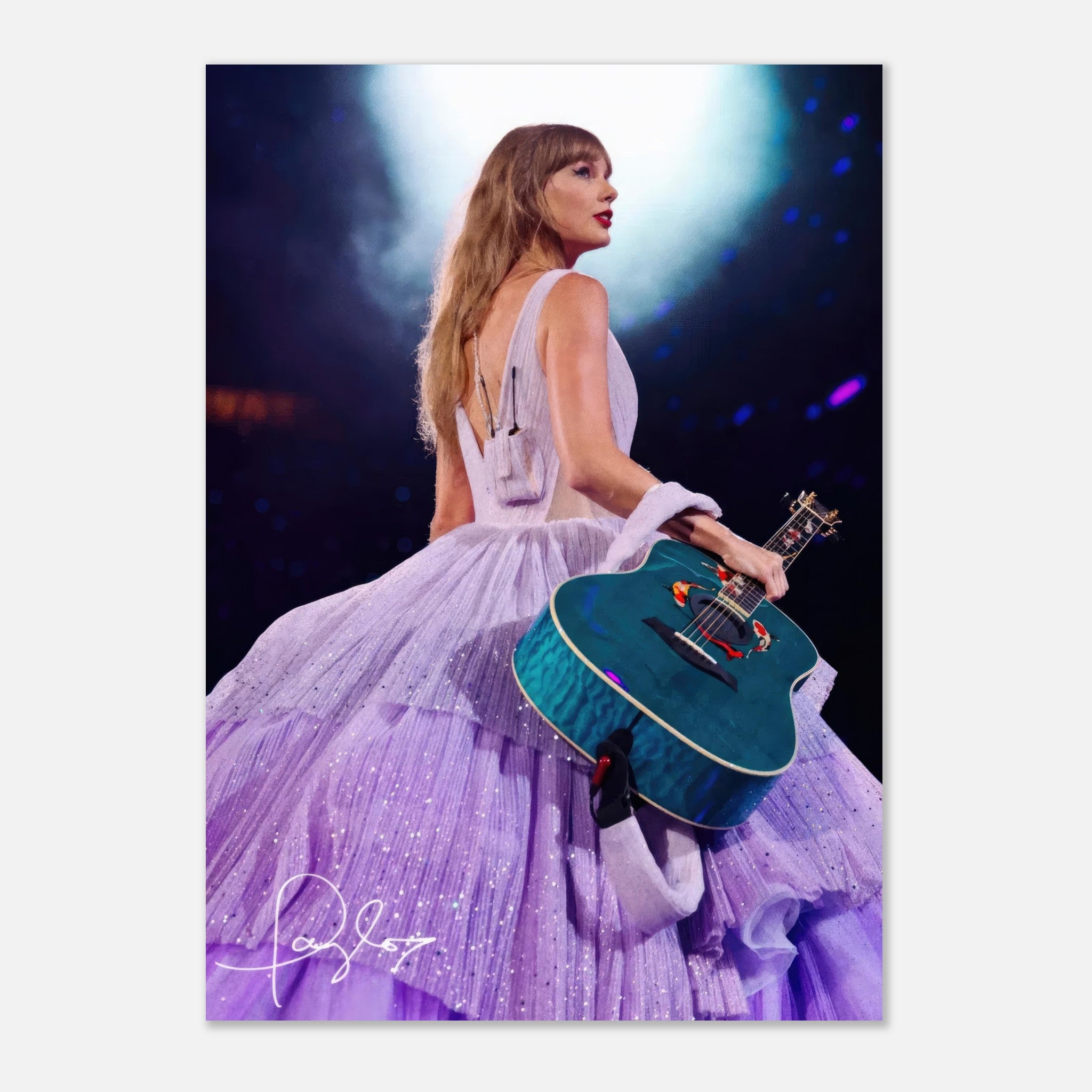 Taylor Swift poster featuring the artist in a lavender gown holding a teal guitar, capturing her iconic stage presence.