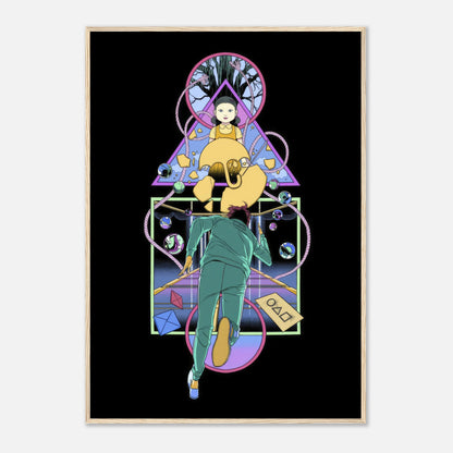 Framed print of Doll from Squid Game, featuring a desperate player and vibrant surreal elements.