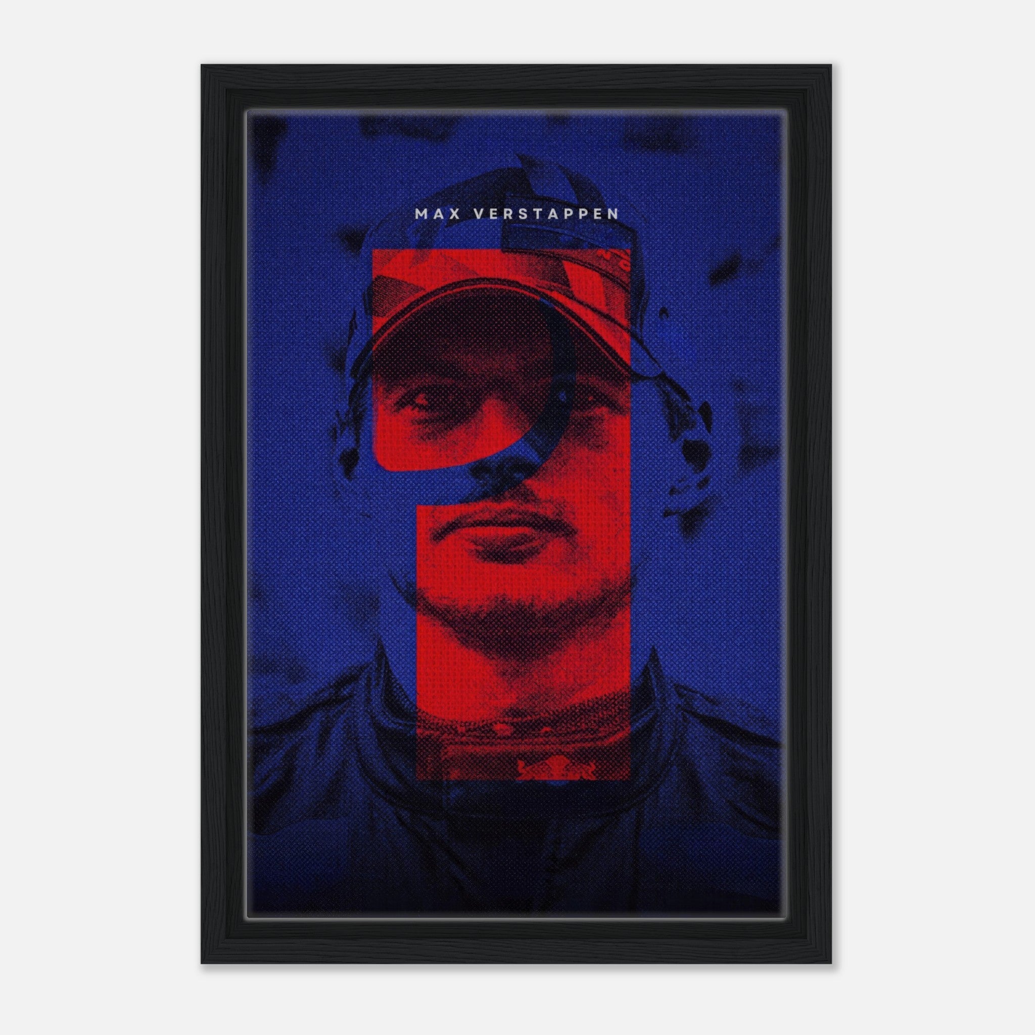 Framed canvas print of Max Verstappen with vibrant red and blue design, showcasing F1 racing excellence.