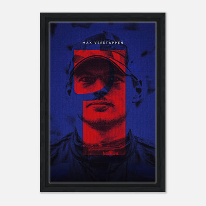 Framed canvas print of Max Verstappen with vibrant red and blue design, showcasing F1 racing excellence.