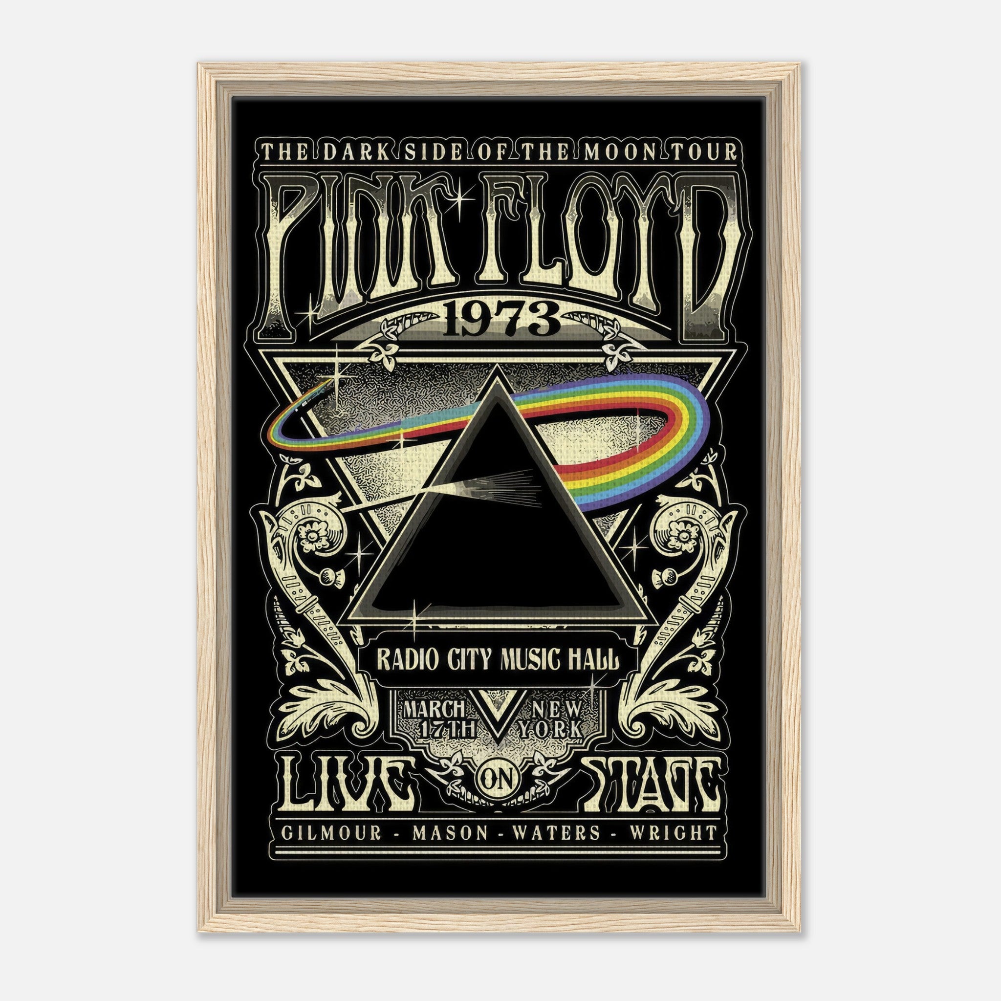 Pink Floyd 1973 Dark Side of the Moon Tour framed canvas print featuring iconic prism design and Radio City Music Hall details.