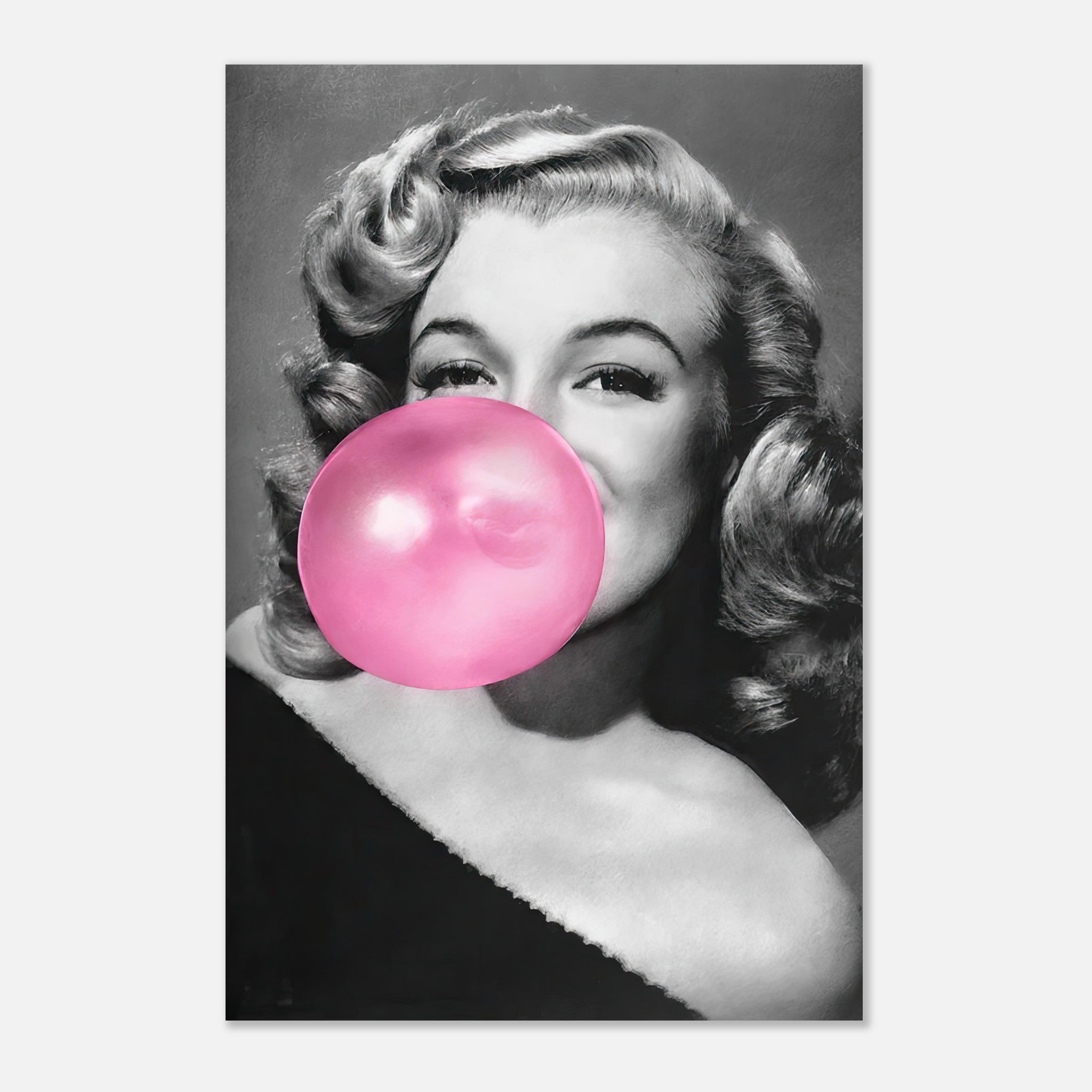 Marilyn Monroe blowing pink bubble gum in a chic black and white metal print for a playful wall decor.