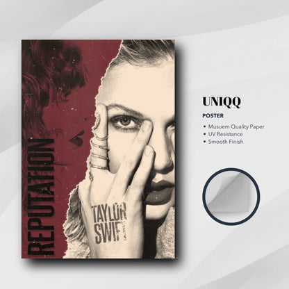 Taylor Swift Reputation poster featuring striking dual-tone design and captivating gaze, perfect for Swifties.