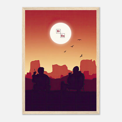 Sunset Breaking Bad framed poster featuring Walt and Jesse under a vibrant sunset in a desert landscape.