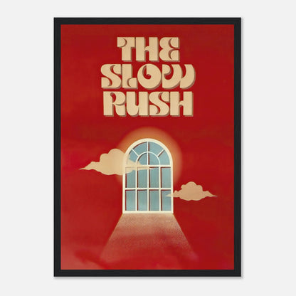 Framed print of "The Slow Rush" featuring retro typography and a dreamy window design on a rich red background.