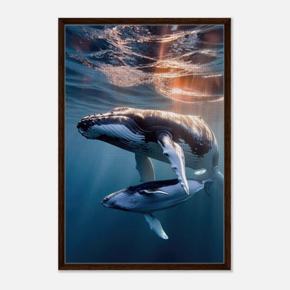 Underwater photography of a humpback whale and calf in a framed canvas print, showcasing marine life beauty.