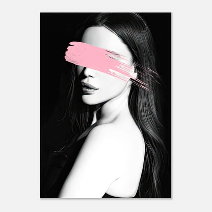 Pink Blindness poster featuring a monochrome portrait with a bold pink brushstroke obscuring the eyes, modern art design.