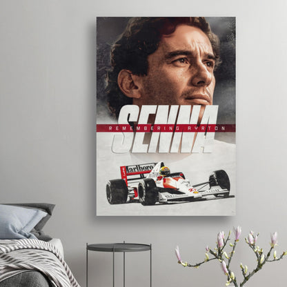 Ayrton Senna poster featuring his iconic portrait and a racing car, celebrating the legacy of a Formula 1 legend.