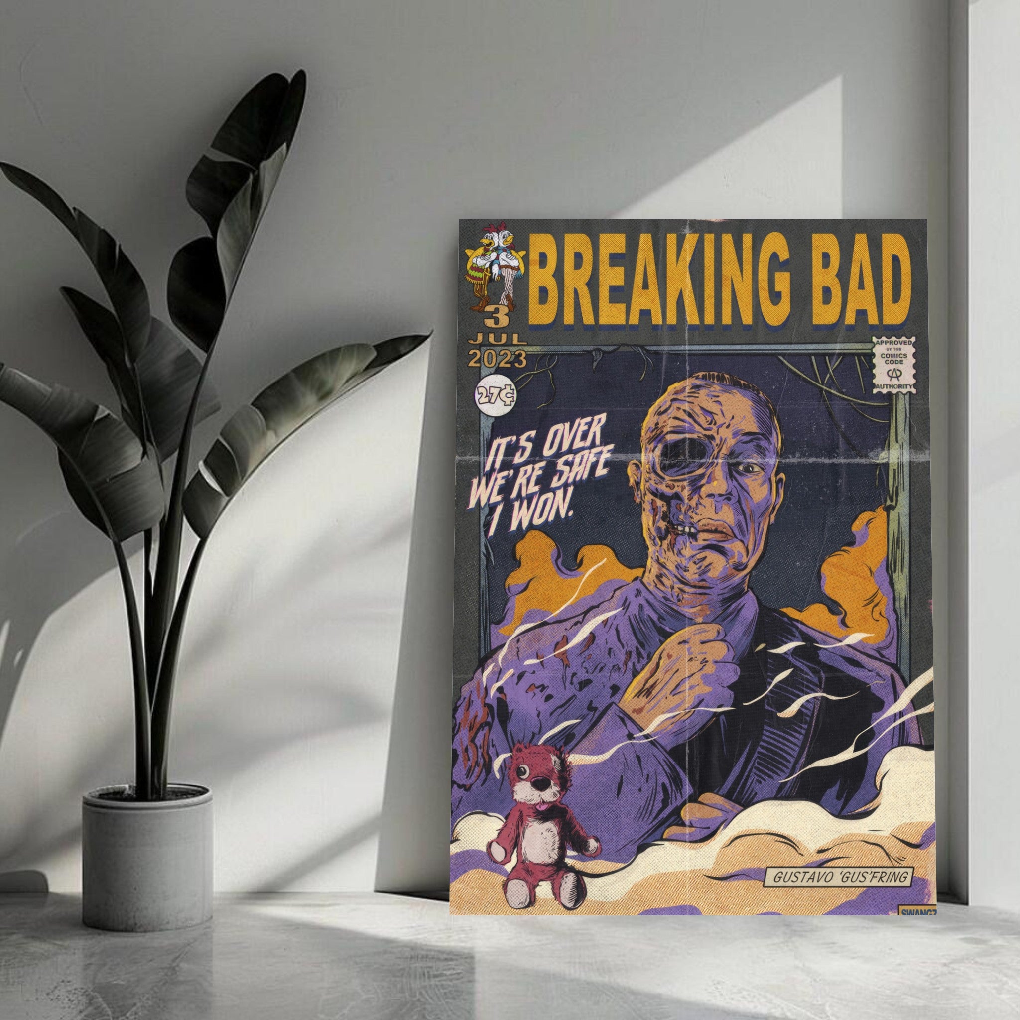 Breaking Bad metal print featuring a retro comic style illustration of Gustavo Fring with vivid colors and textures.