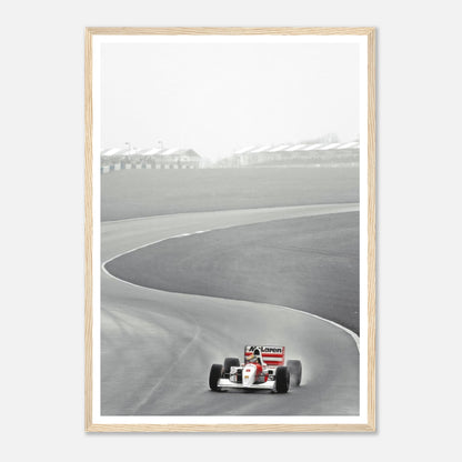 1988 Ayrton Senna racing in McLaren MP4/4 captured in stunning black and white framed print.