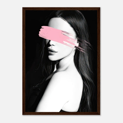 Black-and-white portrait with a vibrant pink brushstroke, showcasing modern art in a framed print.