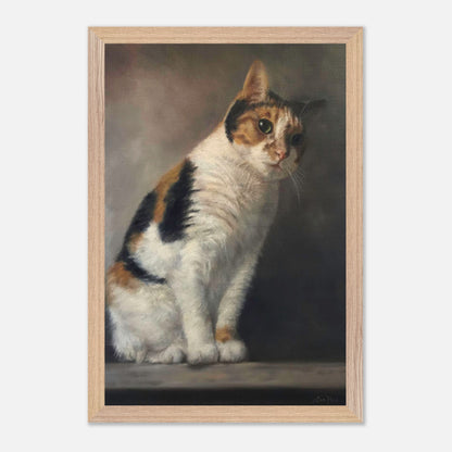 Realistic cat portrait painting in a wooden frame, showcasing fine art details and elegant feline beauty.