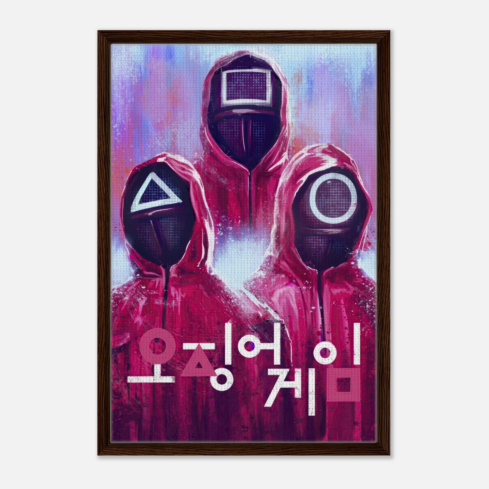 Framed canvas print of masked guards from Squid Game in red uniforms with geometric symbols and Korean text.