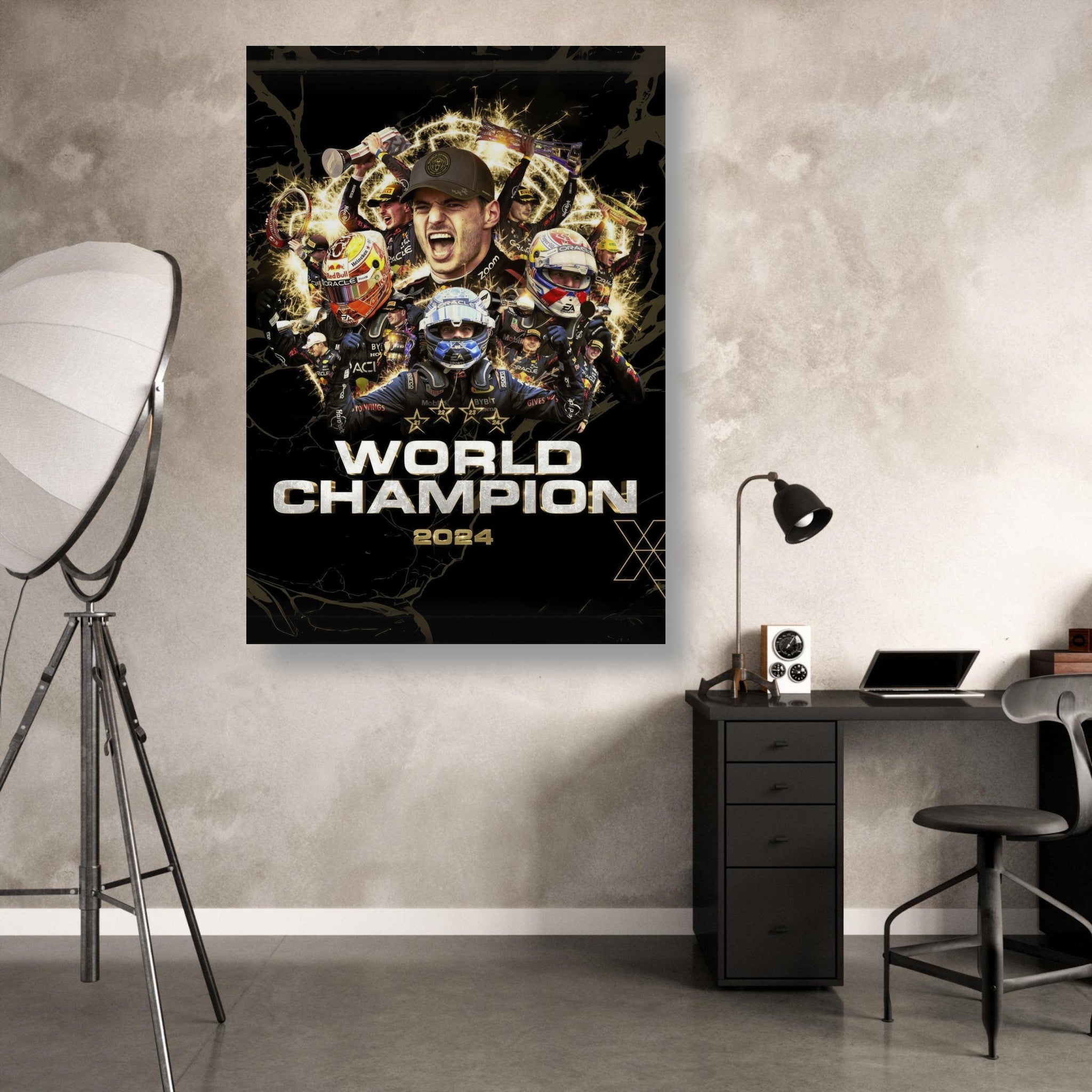 Max Verstappen 2024 World Champion metal print in a modern workspace, showcasing dynamic F1 design and vibrant colors.