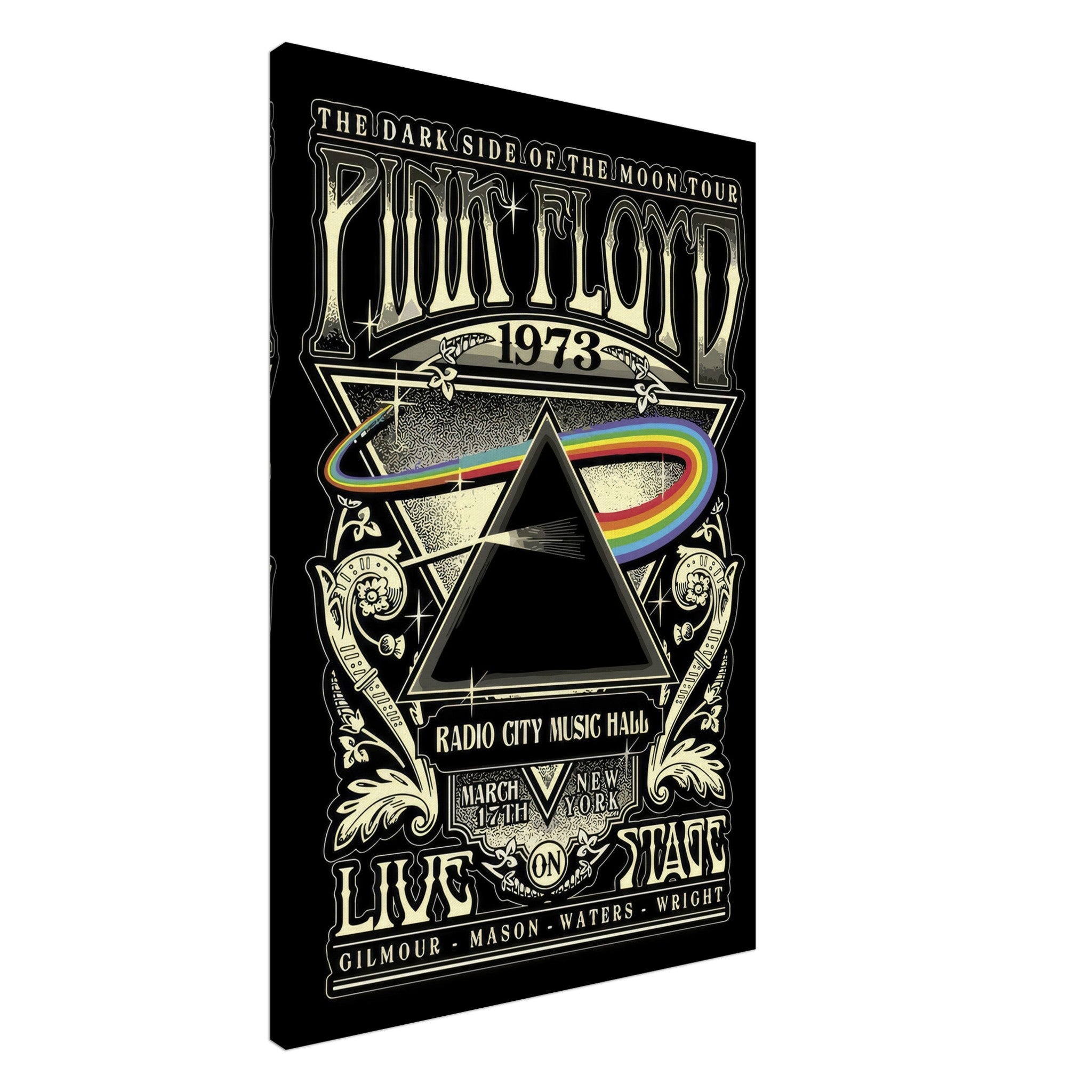 Pink Floyd The Dark Side of the Moon canvas featuring 1973 tour artwork, prism design, and vintage concert details.