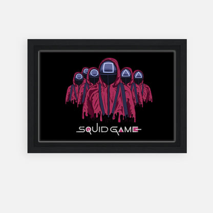 Squid Game Soldiers framed canvas print featuring masked guards in red uniforms against a black background.