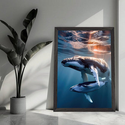 Underwater photography print of humpback whale and calf in vintage frame, capturing ocean beauty and grace.