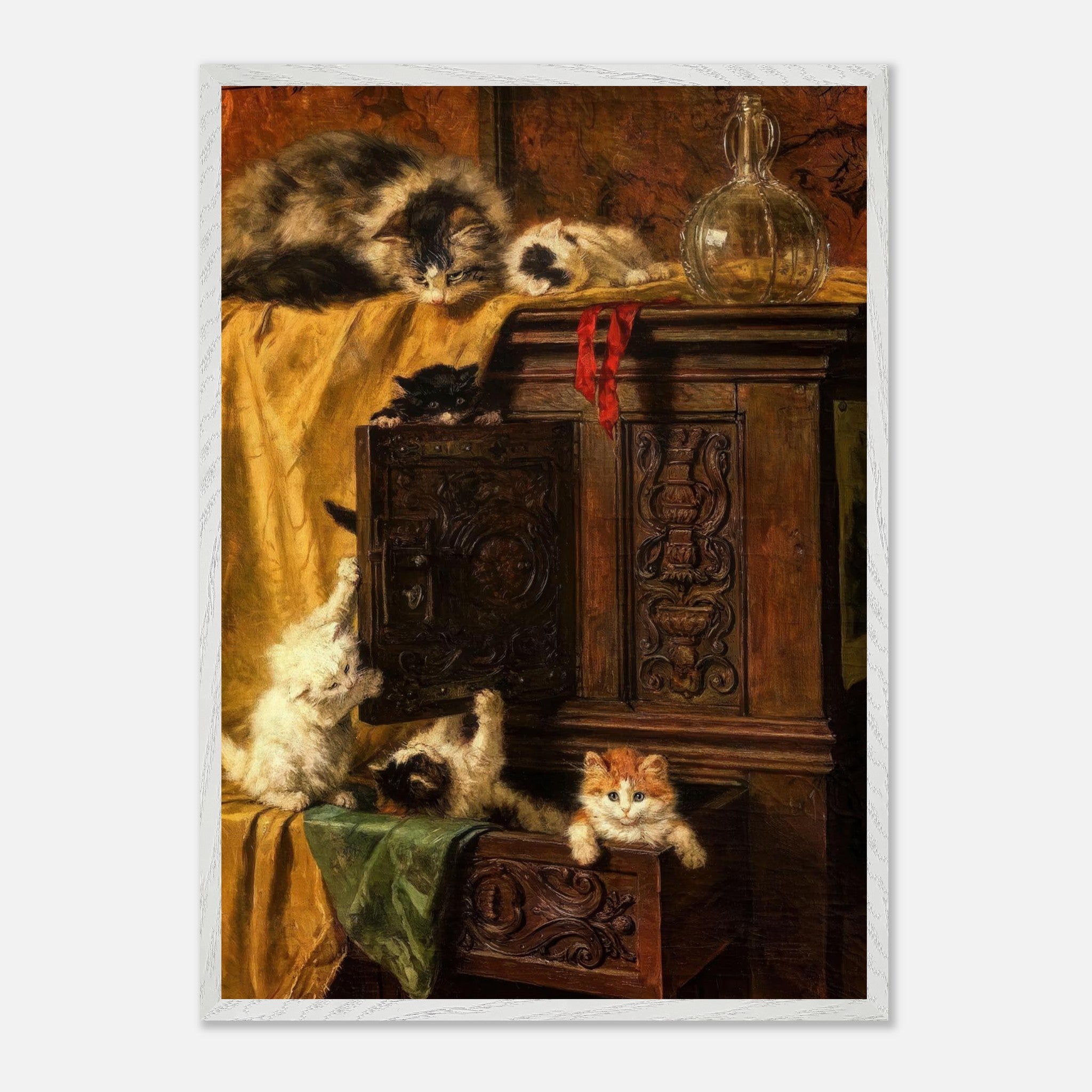 Vintage cat painting featuring playful kittens resting on a wooden cabinet, showcasing fine art elegance.