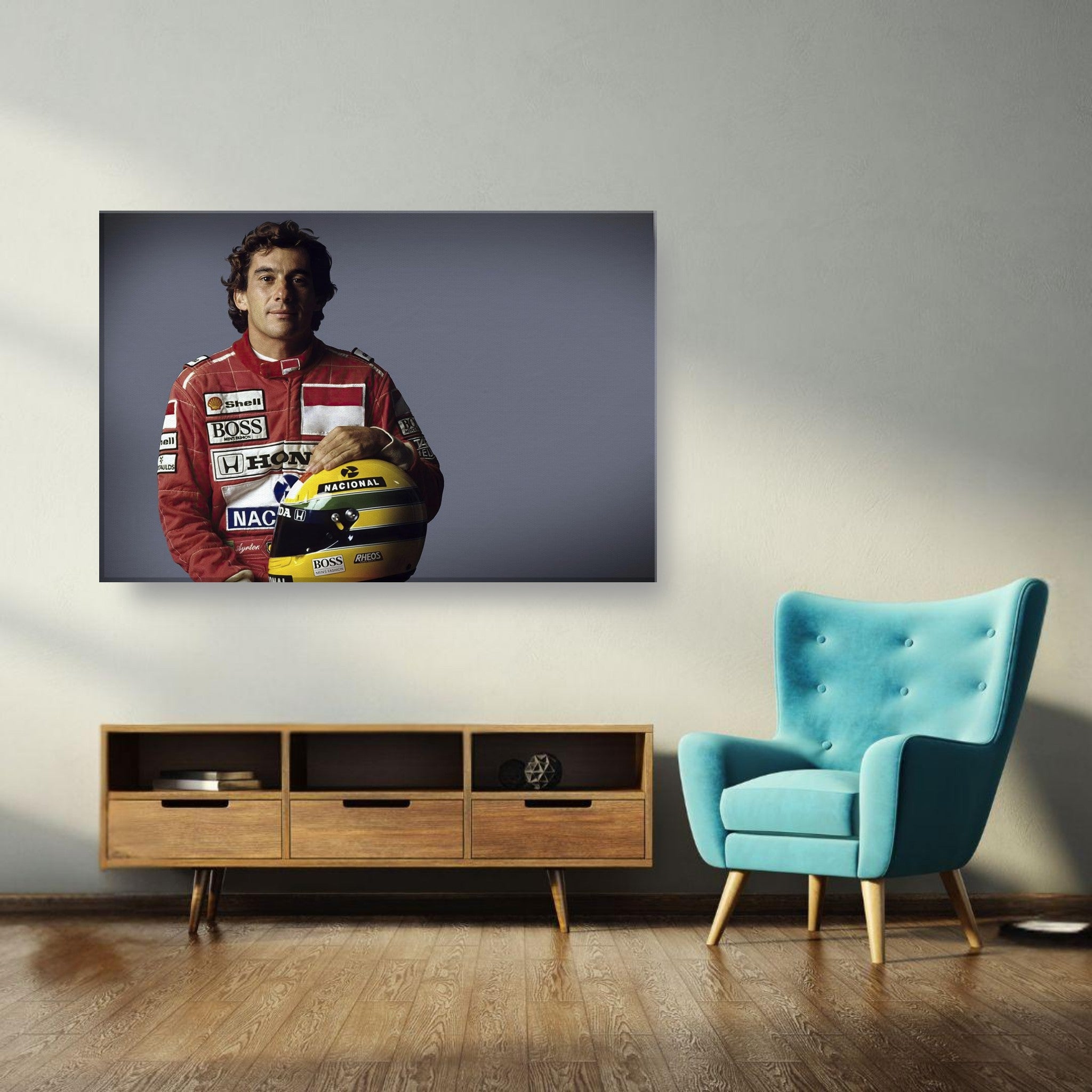 Ayrton Senna vibrant canvas print showcasing the racing legend in a red suit, perfect for enhancing any room's decor.