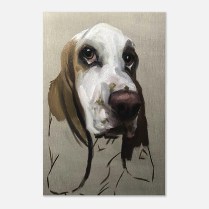 Basset Hound dog painting metal print showcasing expressive features and soulful eyes in artistic style.