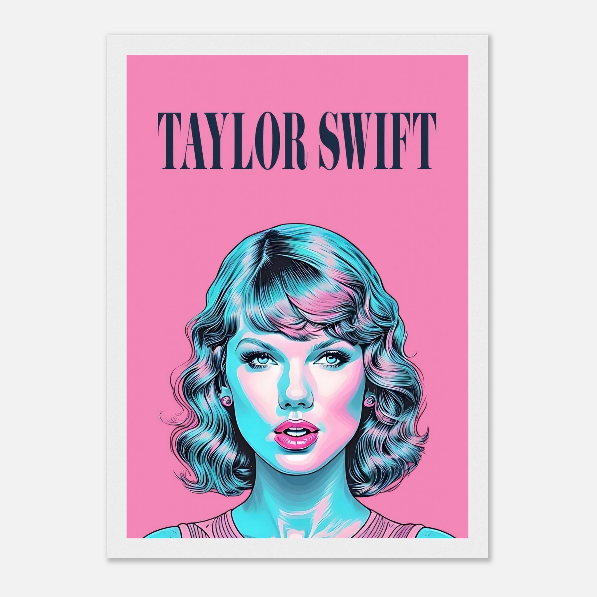 Taylor Swift pop art framed poster with vibrant pink background and turquoise highlights, perfect for fans and art lovers.