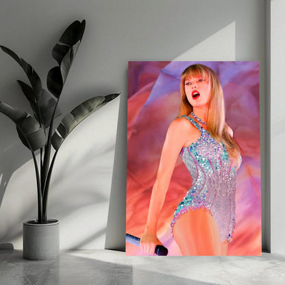 Taylor Swift The Eras Tour metal poster showcasing her dazzling stage performance and artistic presence in vibrant colors.