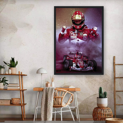 Framed print of Michael Schumacher celebrating in Ferrari F1 racing gear, showcasing his iconic moments and vibrant design.